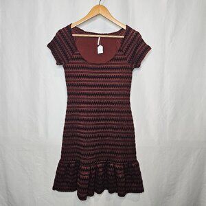 Free People Cozy Day Flounce Rust Orange & Black Zig Zag Knit Mini Dress